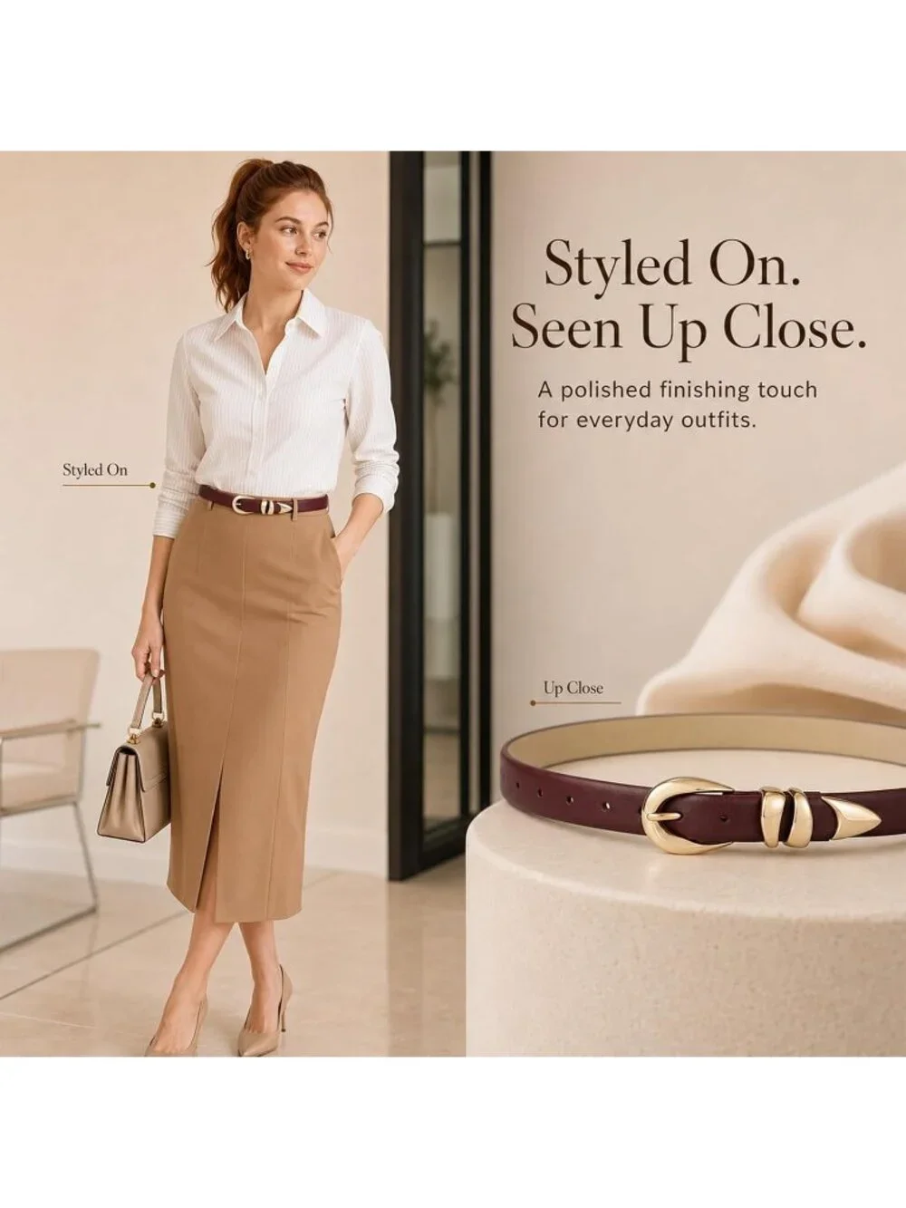 Women's Burgundy Leather Adjustable Waist Belt For Jeans With Gold Buckle